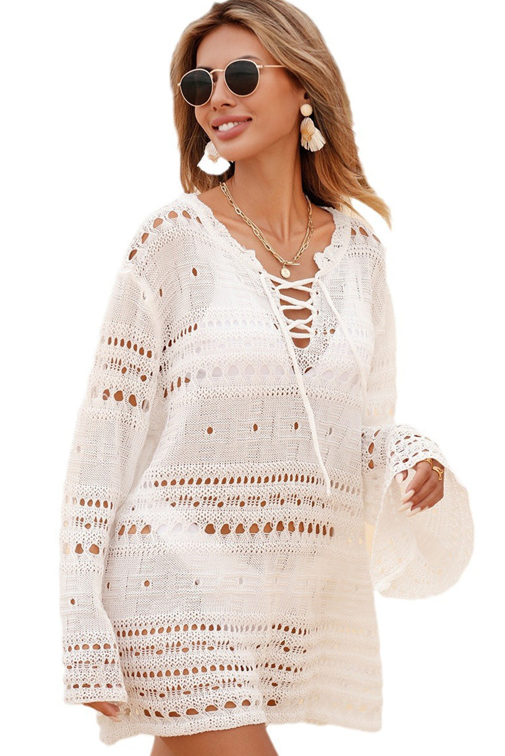 White Lace-up V Neck Hollow Out Knitted Long Sleeve Cover Up