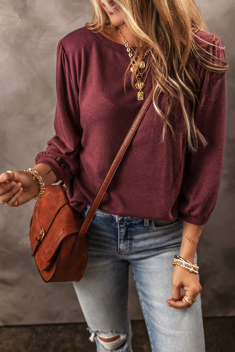 Red Solid Color 3/4 Puff Sleeve Round Neck Top