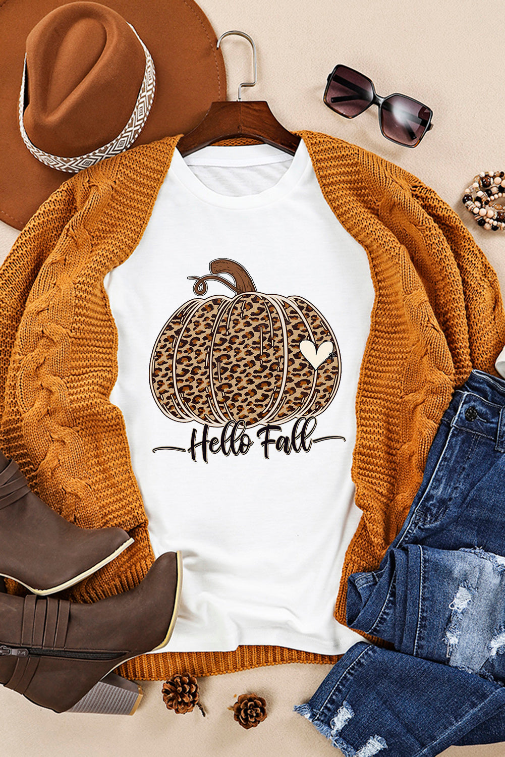 White Hello Fall Leopard Pumpkin Graphic T Shirt