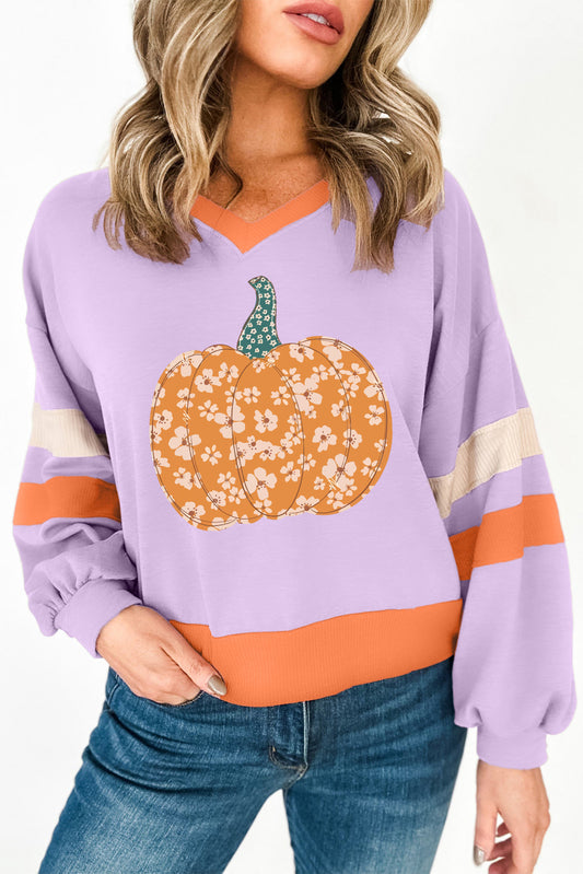 Orchid Bouquet Floral Pumpkin Graphic Color Block Sleeve Sweatshirt