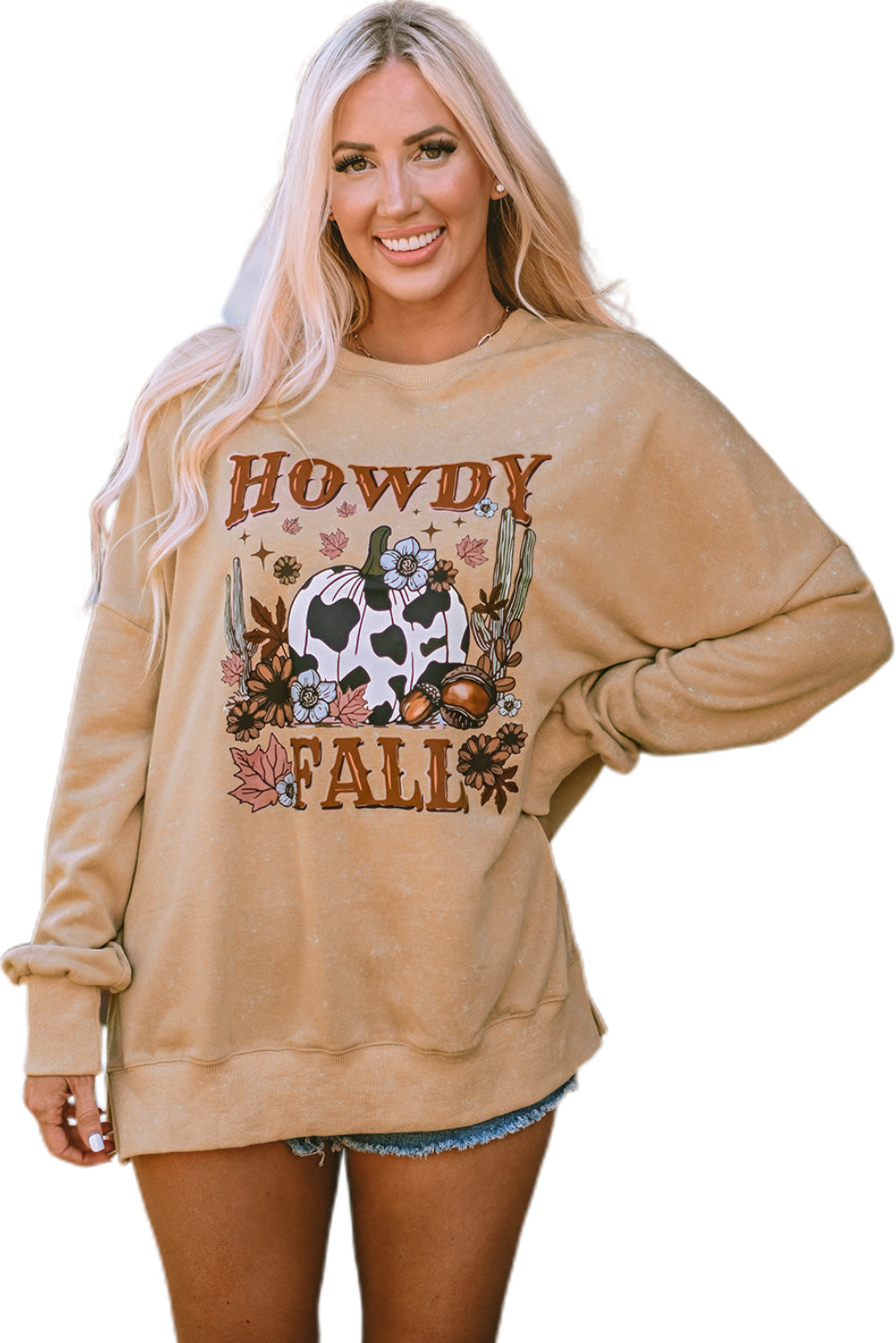 Khaki HOWDY FALL Pumpkin Print Split Hem Sweatshirt