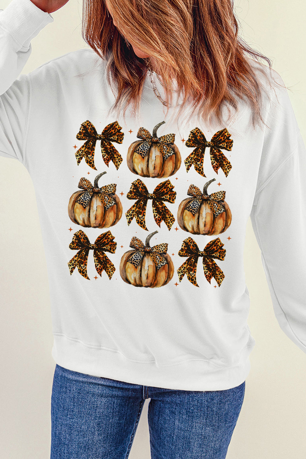 Beige Pumpkin Leopard Bow Knot Graphic Sweatshirt