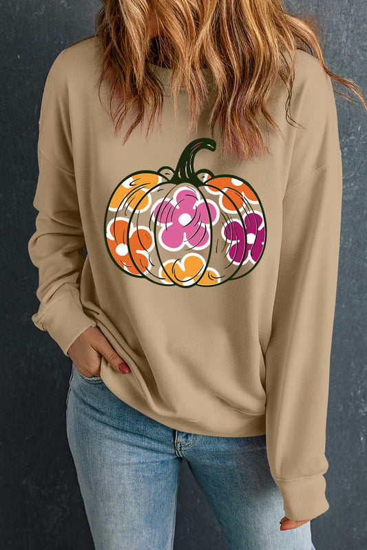 Khaki Halloween Floral Pumpkin Graphic Drop Shoulder Sweatshirt