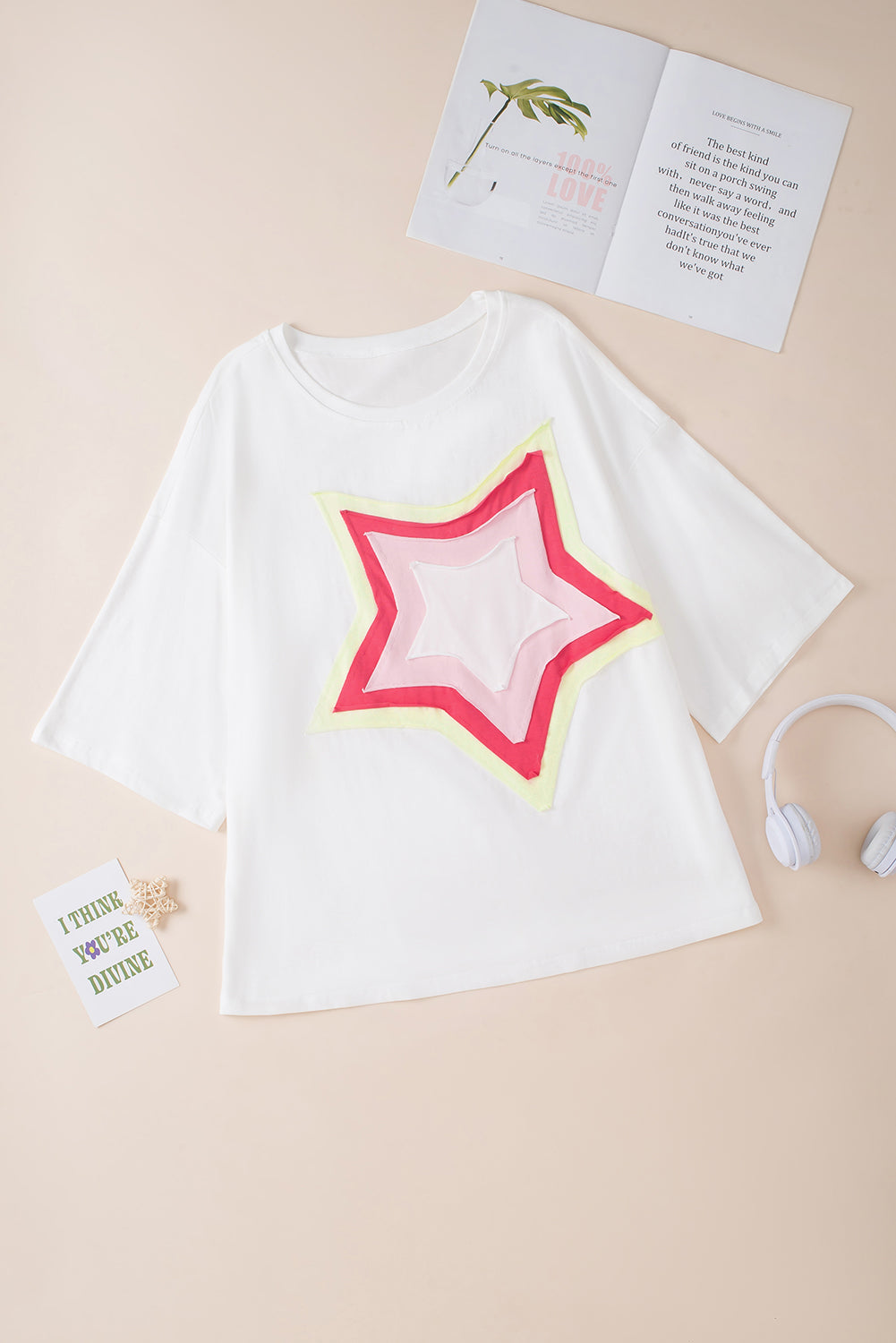 Moonlight Jade Colorblock Star Patched Half Sleeve Oversized Tee