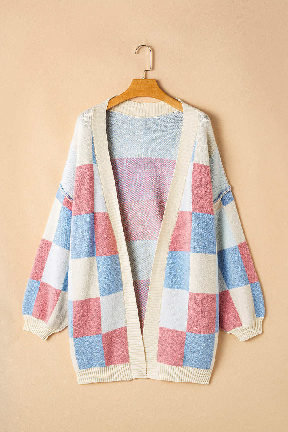 Light Blue Checkered Drop Shoulder Exposed Seam Open Front Cardigan