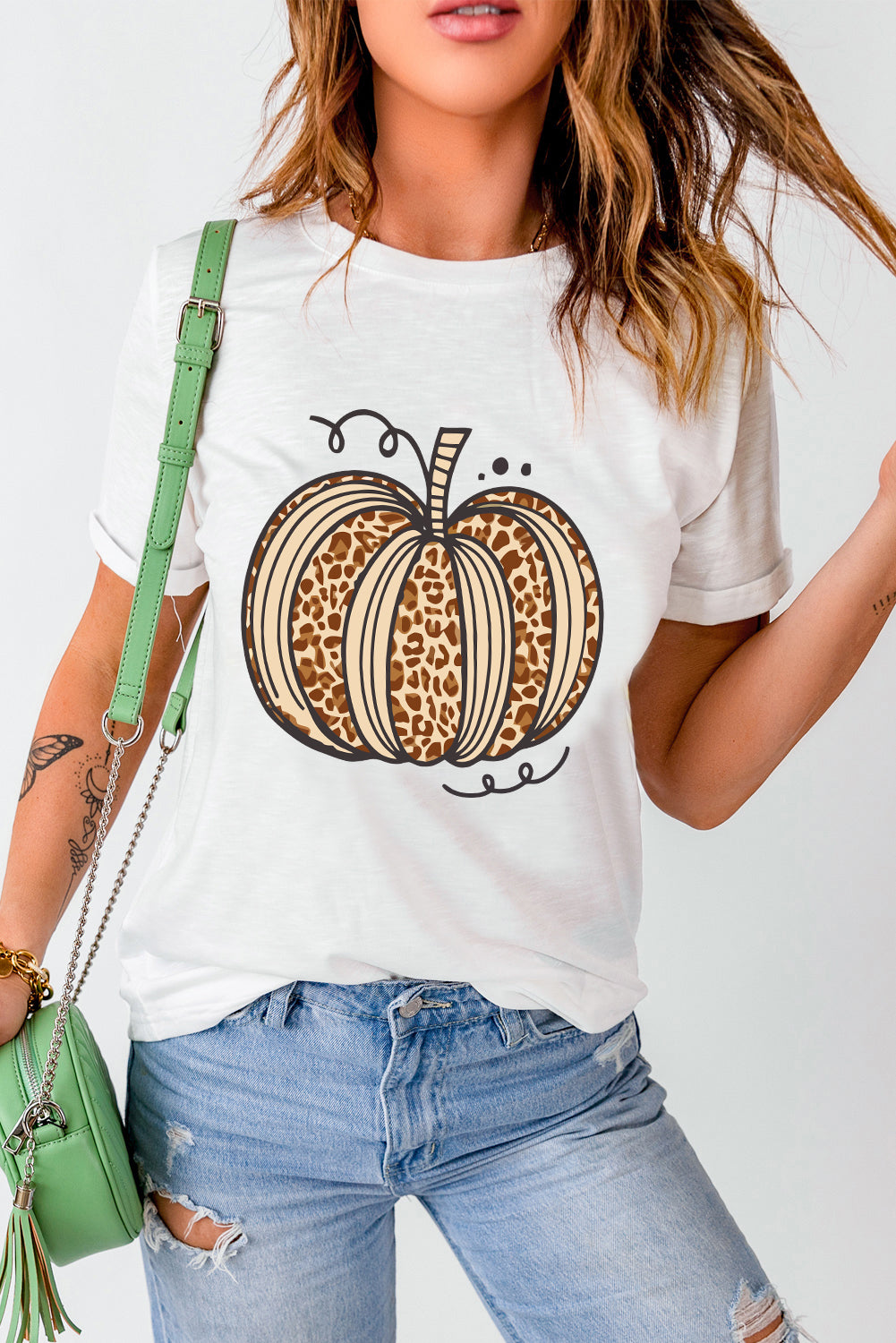 White Halloween Leopard Pumpkin Graphic Crewneck T Shirt