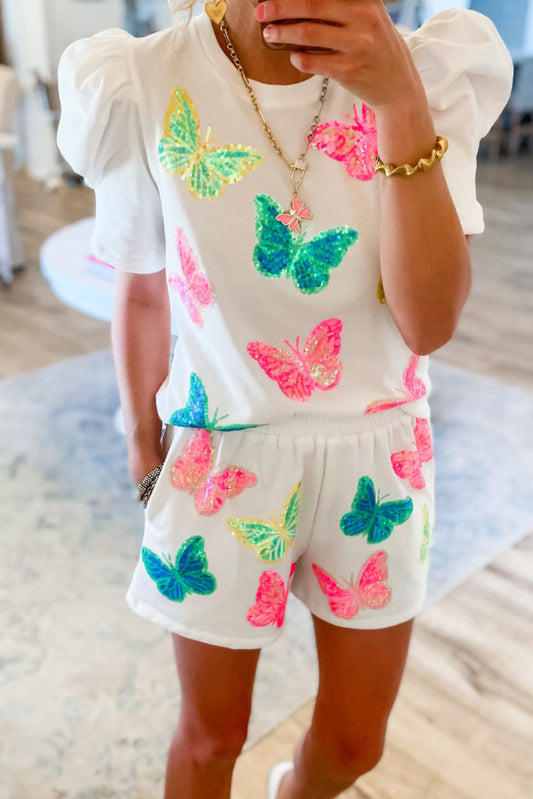 White Colorful Sequin Butterfly Pattern Puff Sleeve Top & Shorts Set