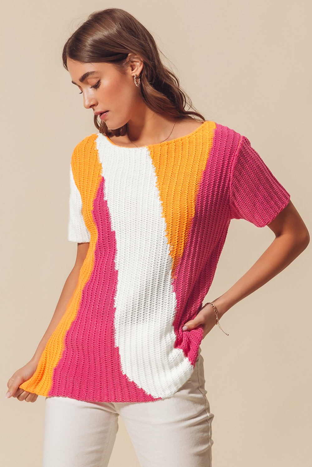 Orange Knit Colorblock Short Sleeve Sweater