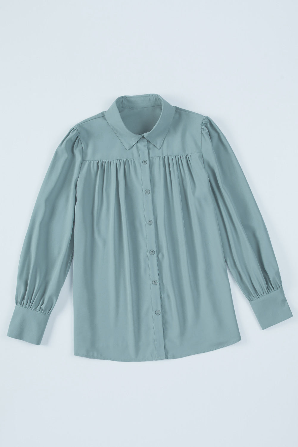 Light Blue Solid Color Button Up Puff Sleeve Casual Pleated Shirt