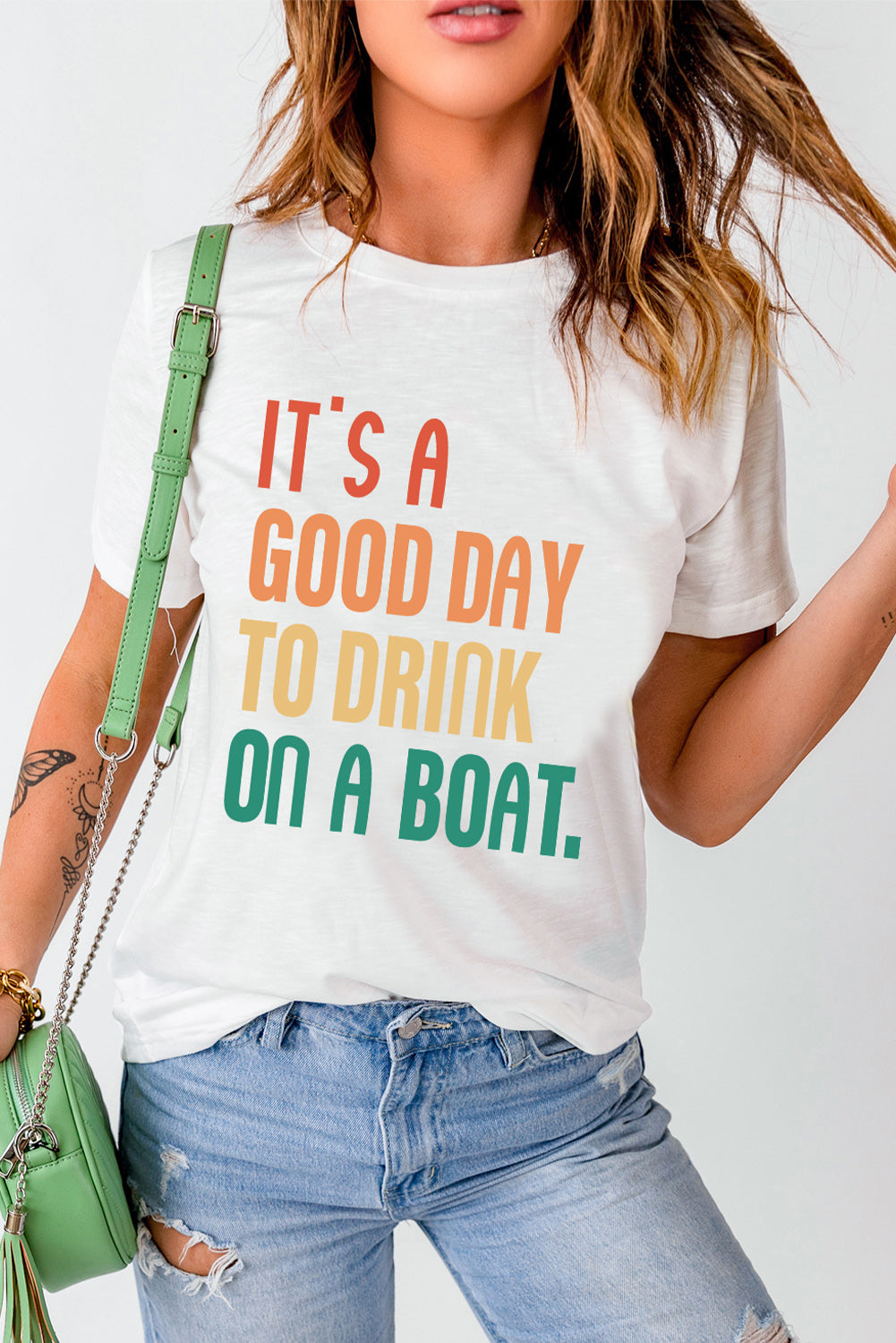 White IT'S A GOOD DAY TO DRINK ON A BOAT Slogan Graphic Tee