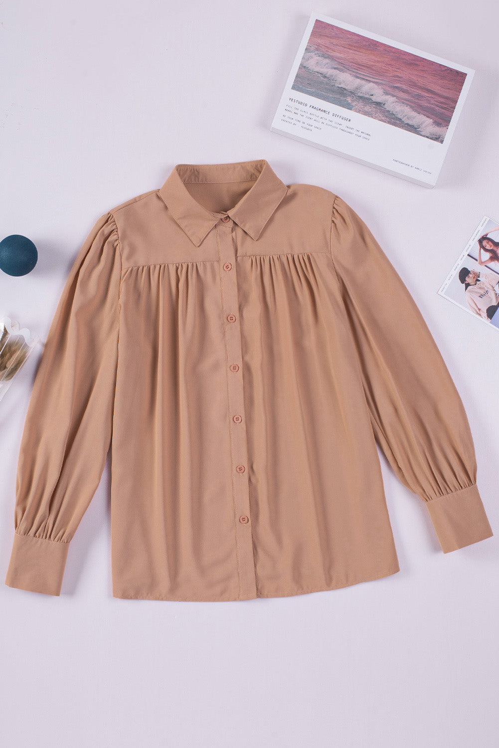 Light Blue Solid Color Button Up Puff Sleeve Casual Pleated Shirt