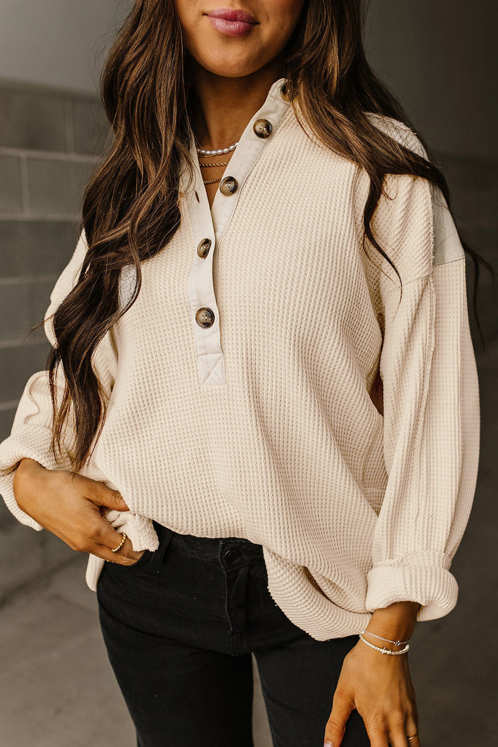 Pink Waffle Long Sleeve Collar Half Button Loose Top