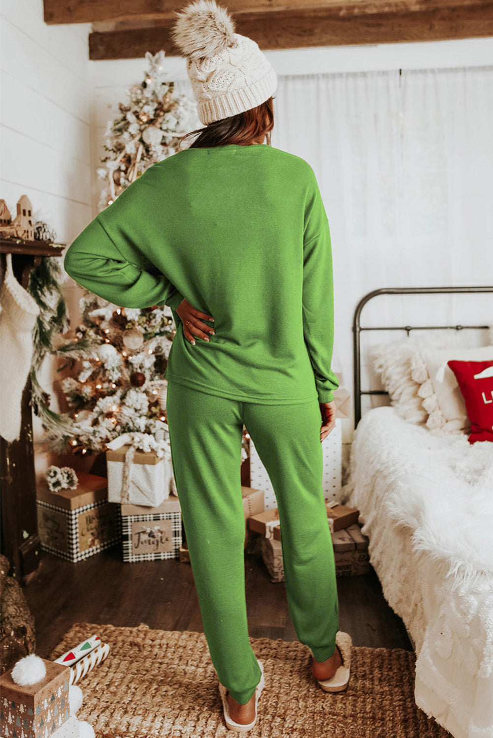 Spinach Green Sequined Christmas Cane Pattern Lounge Sweatsuit