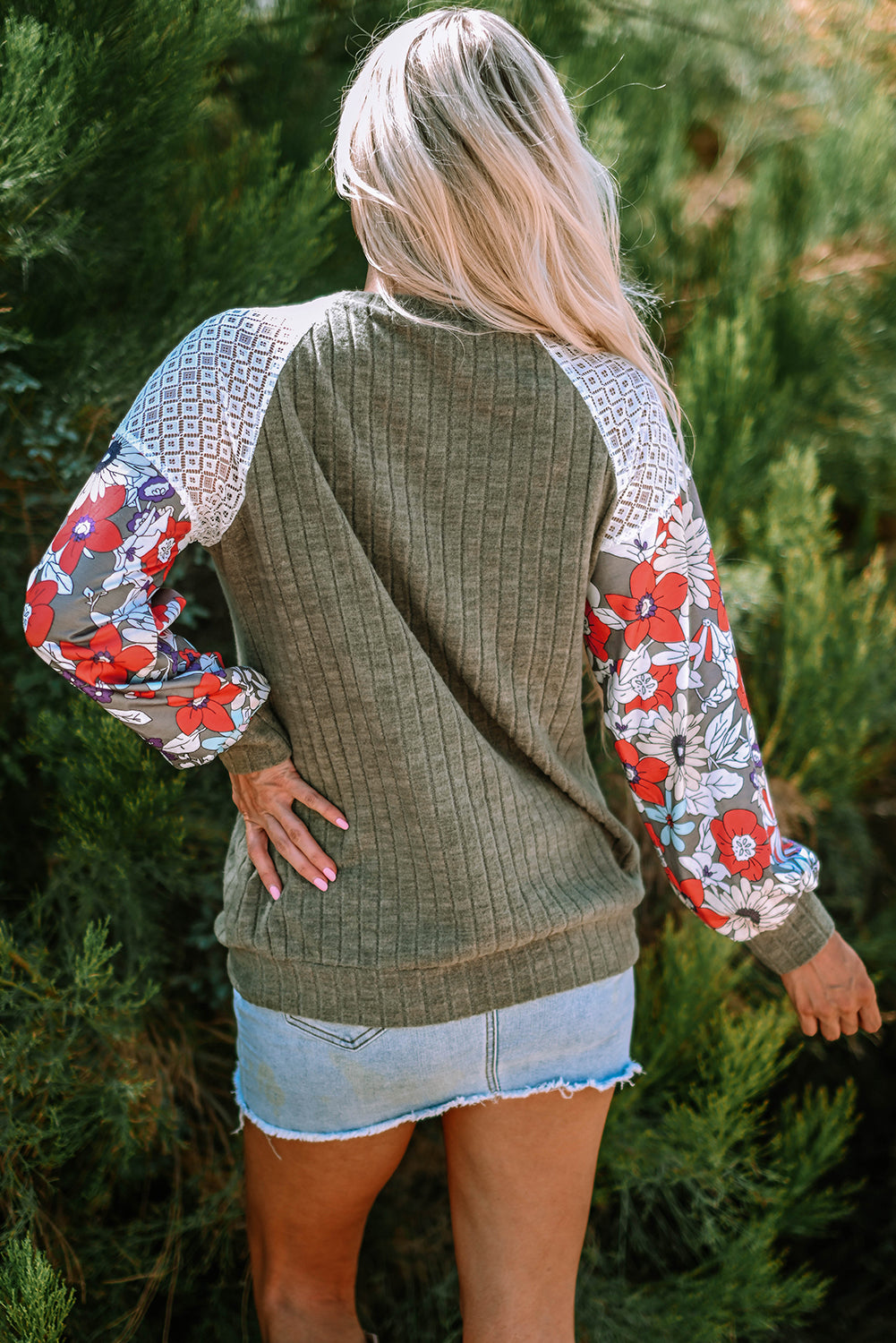 Cinnamon Floral Patchwork Long Sleeve Ribbed Blouse