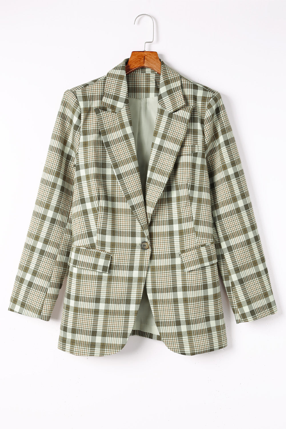 Khaki Plaid Print Lapel Collar Buttoned Blazer