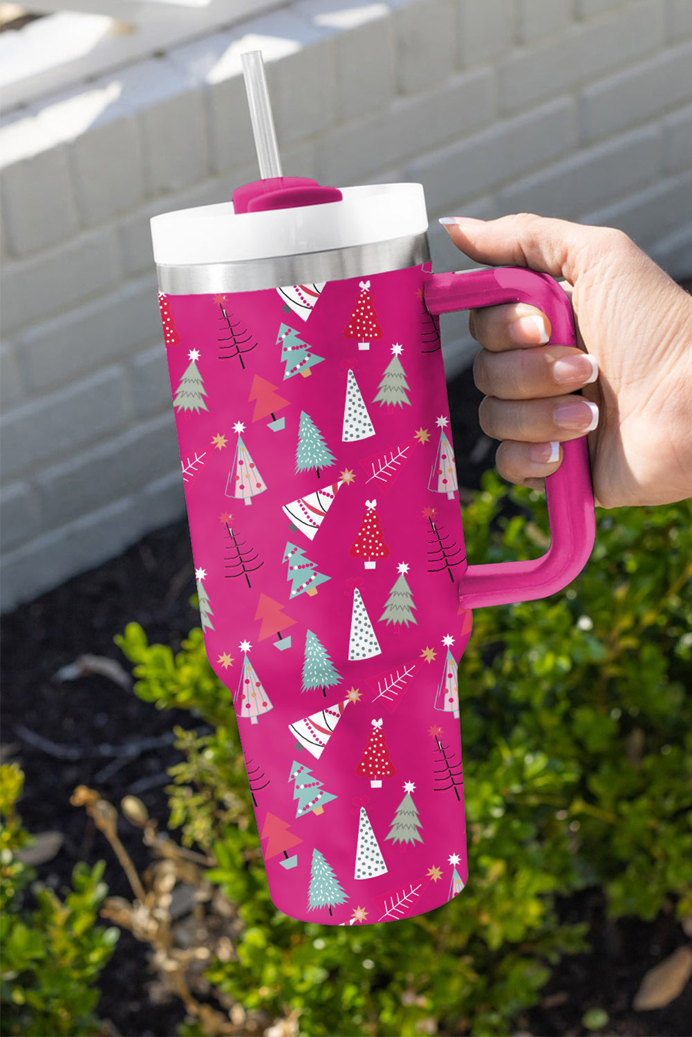 White Cartoon Christmas Tree Printed Thermos Cup 40oz