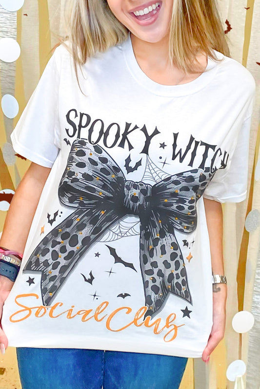 White Halloween SPOOKY WITCH Leopard Bowknot Bat GraphicT Shirt