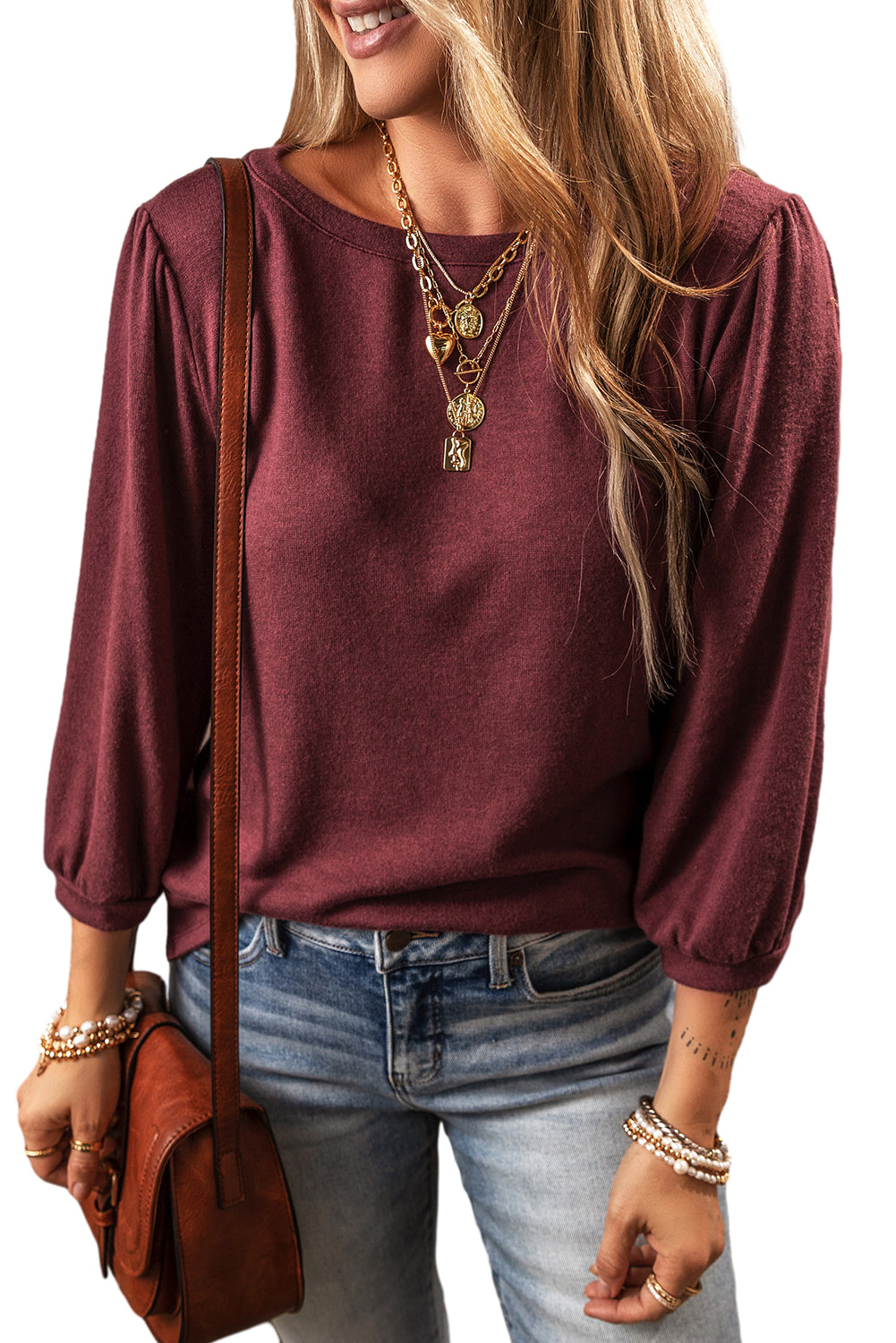 Red Solid Color 3/4 Puff Sleeve Round Neck Top