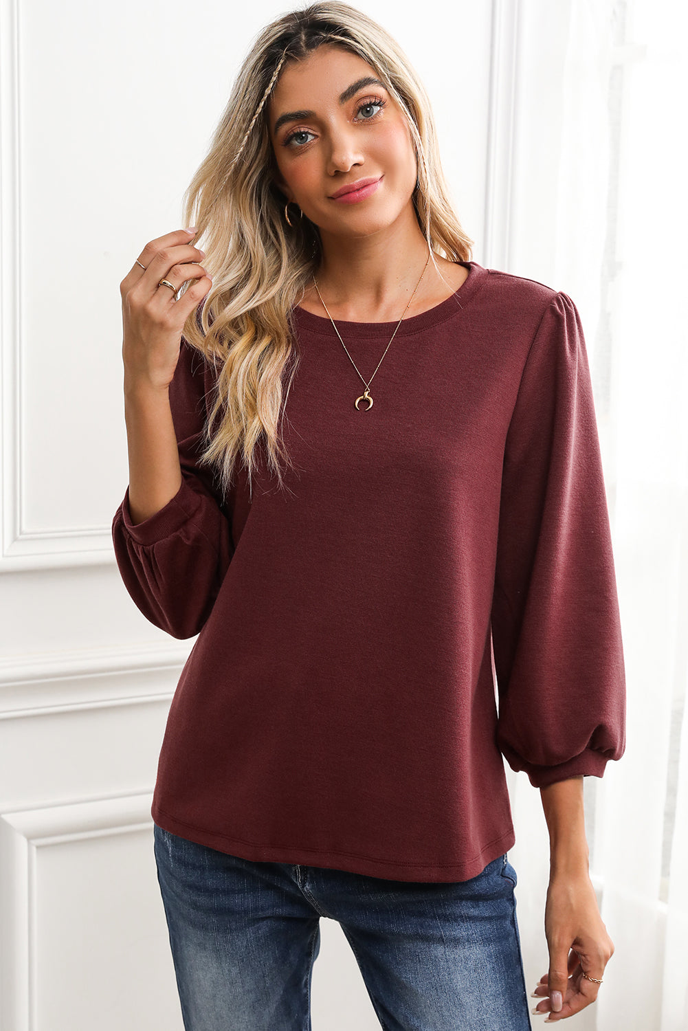 Red Solid Color 3/4 Puff Sleeve Round Neck Top