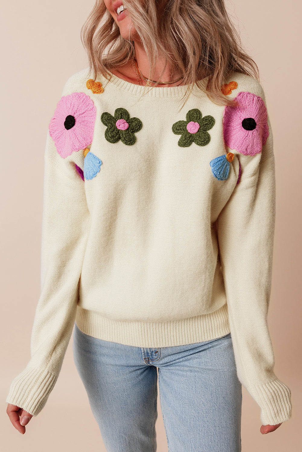 Pink Knitted Flower Pattern Ribbed Edge Sweater