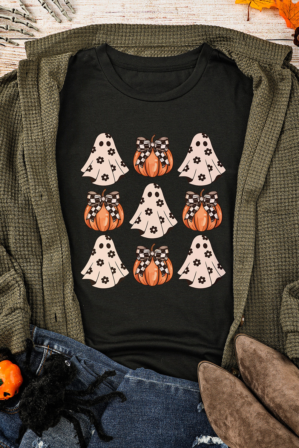 Black Halloween Ghost Pumpkin Graphic Crew Neck T Shirt