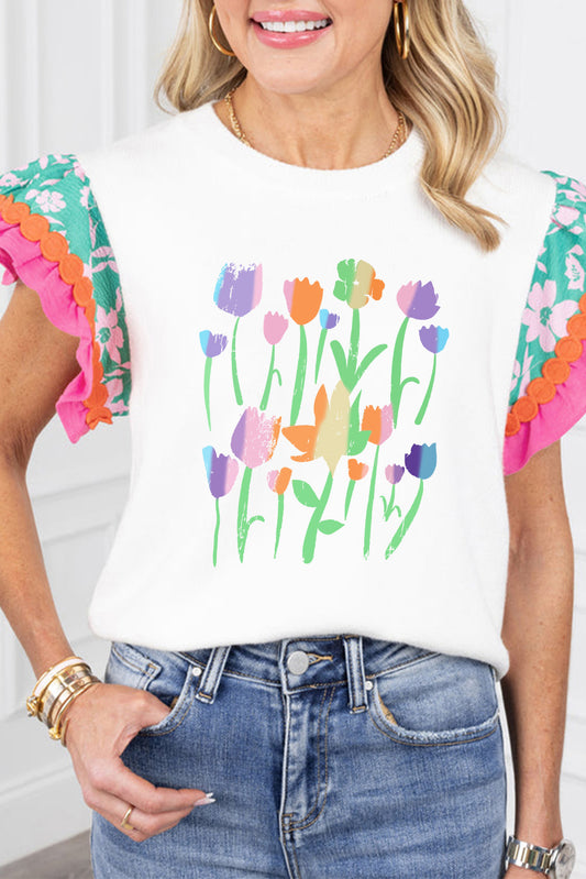 White Flower Graphic Color Block Tiered Sleeve T Shirt