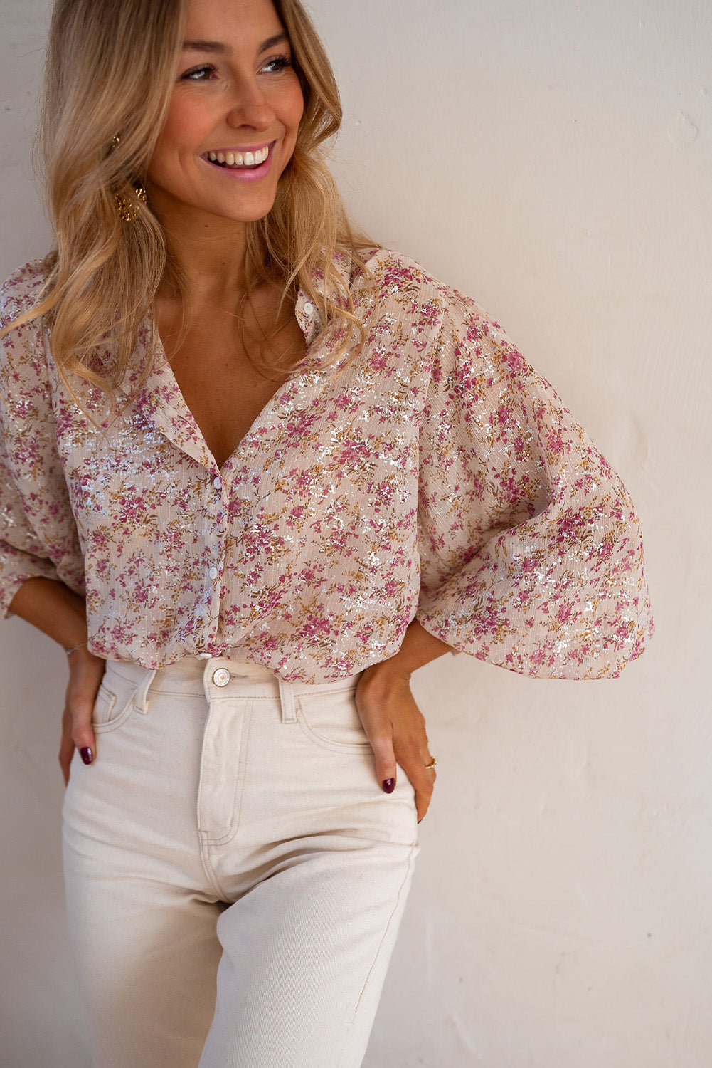 Pink Ditsy Floral Print Bishop Sleeve Collared V Neck Shirt