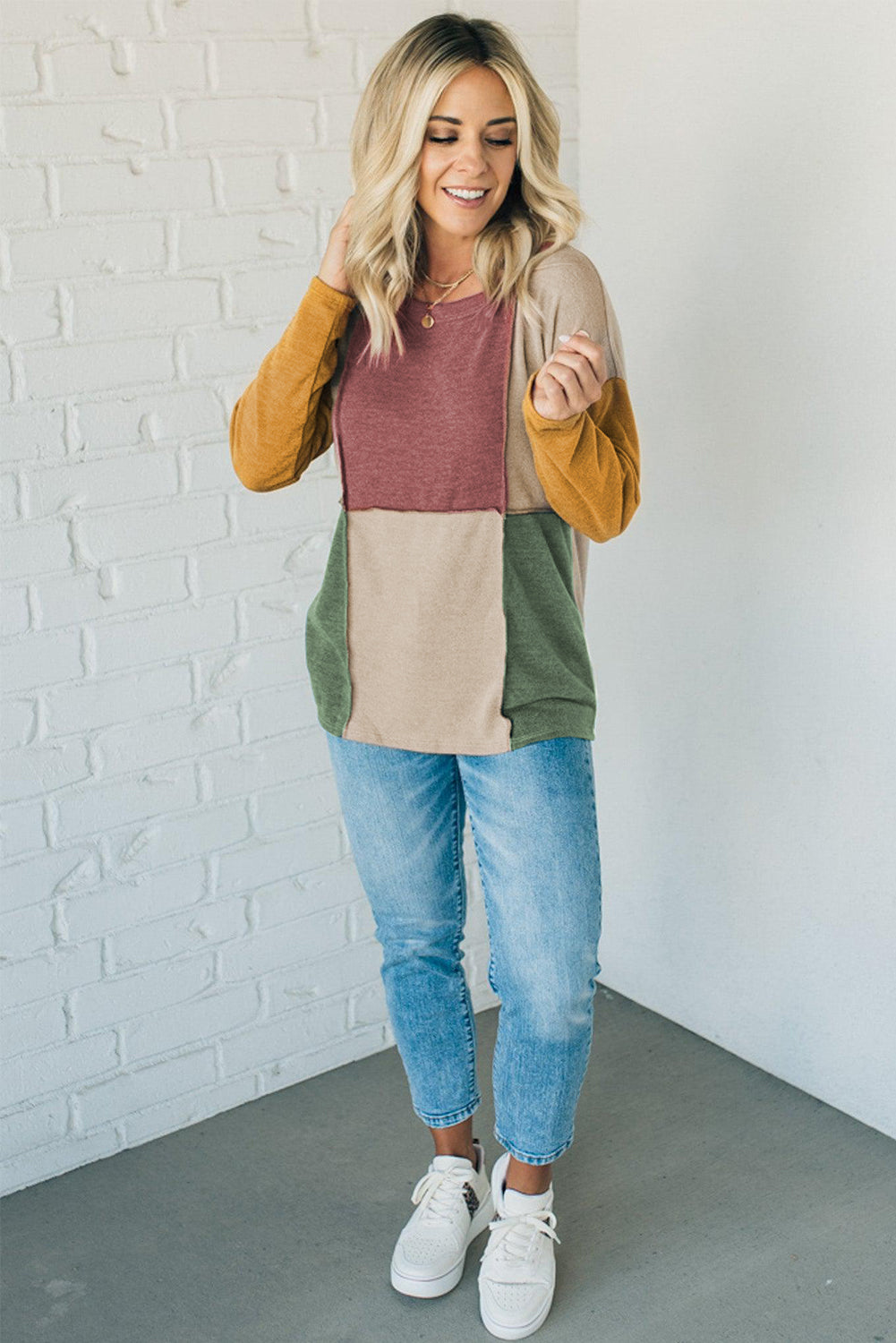 Light French Beige Exposed Seam Colorblock Long Sleeve Top