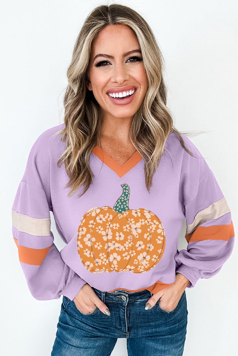 Orchid Bouquet Floral Pumpkin Graphic Color Block Sleeve Sweatshirt