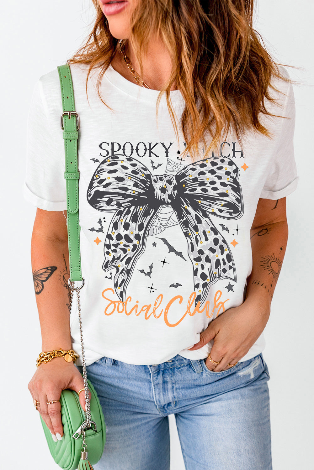 White Halloween SPOOKY WITCH Leopard Bowknot Bat GraphicT Shirt