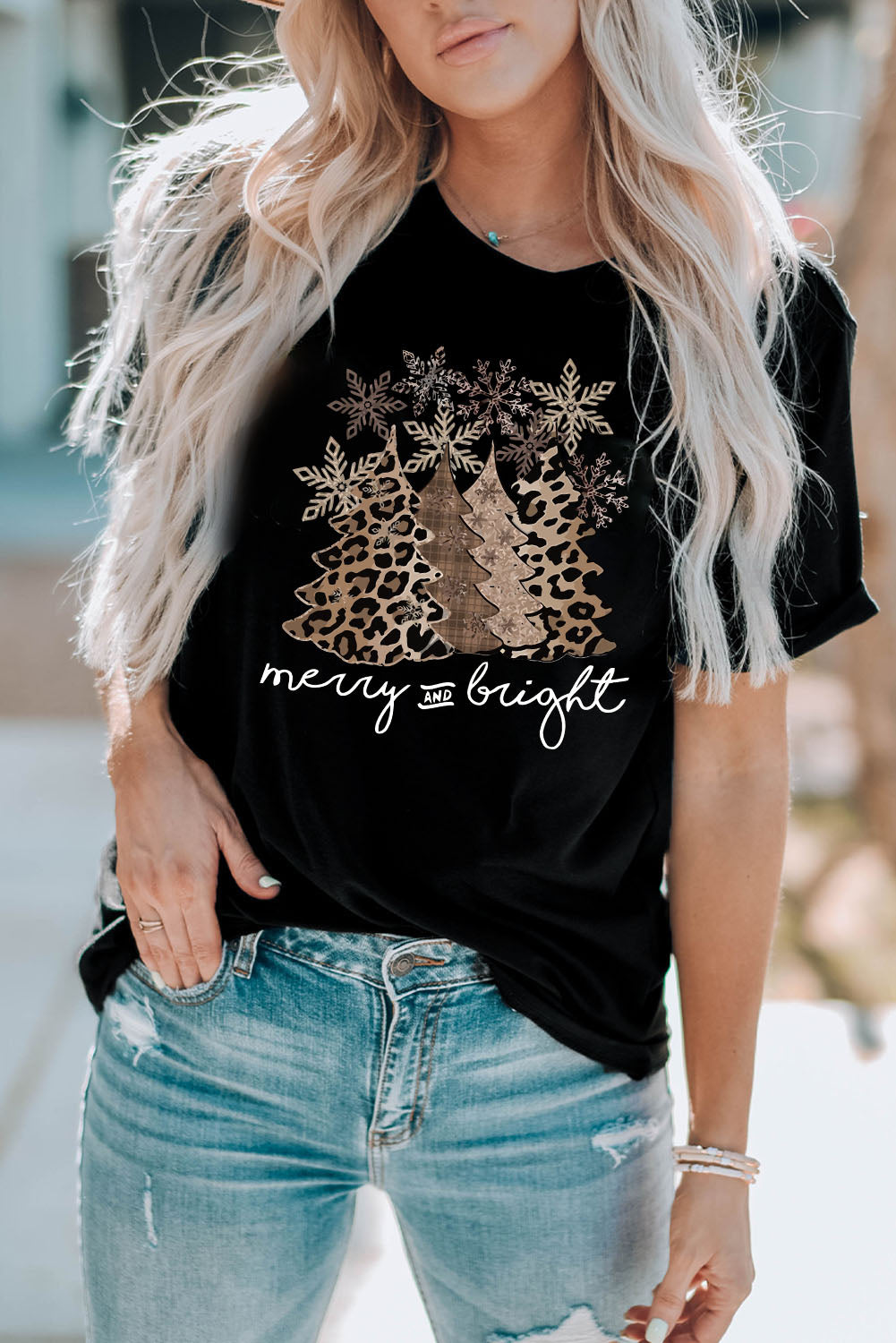 Black Leopard Christmas Tree Graphic Crew Neck T Shirt