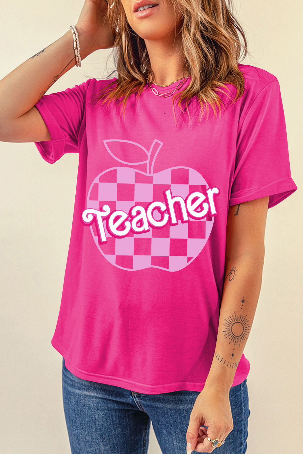 Rose Red Teacher Checkered Apple Graphic Crewneck T Shirt