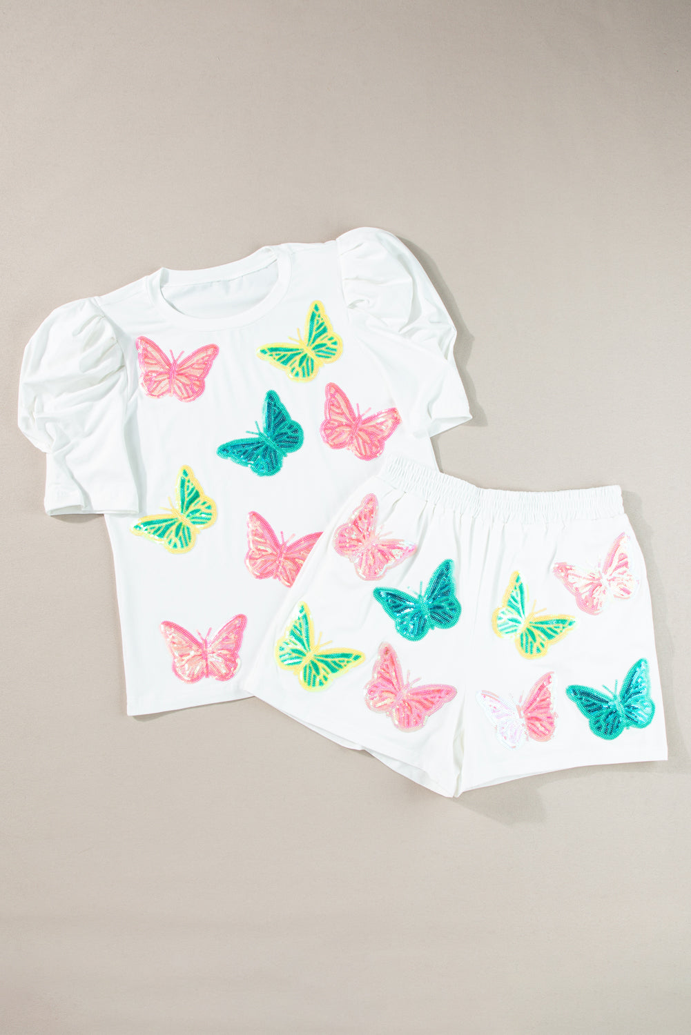 White Colorful Sequin Butterfly Pattern Puff Sleeve Top & Shorts Set