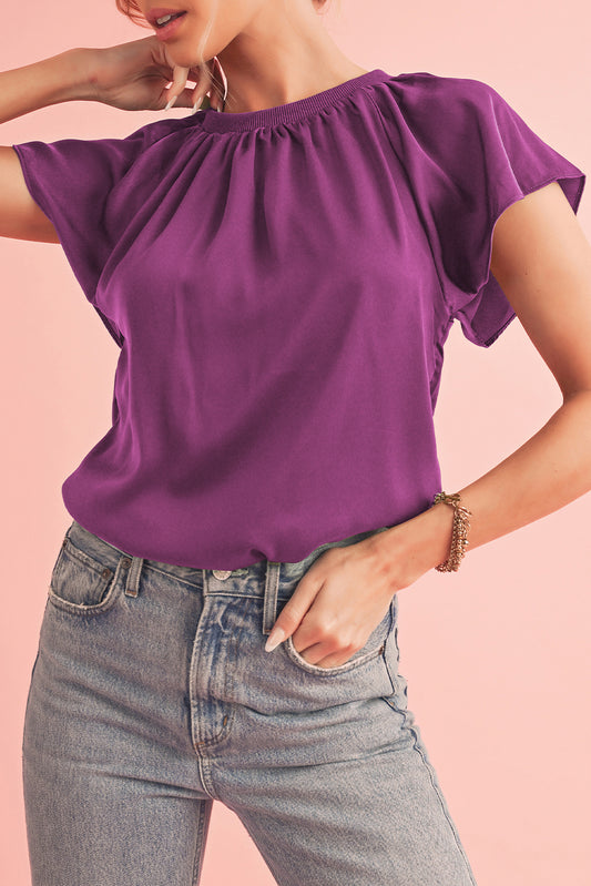 Violet Solid Color Pleated Flutter Sleeve Satin Blouse