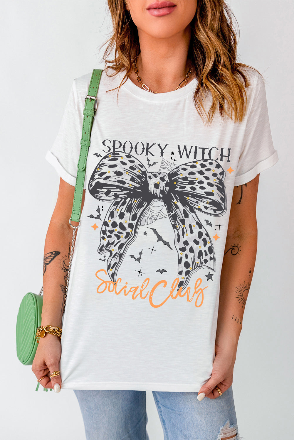 White Halloween SPOOKY WITCH Leopard Bowknot Bat GraphicT Shirt