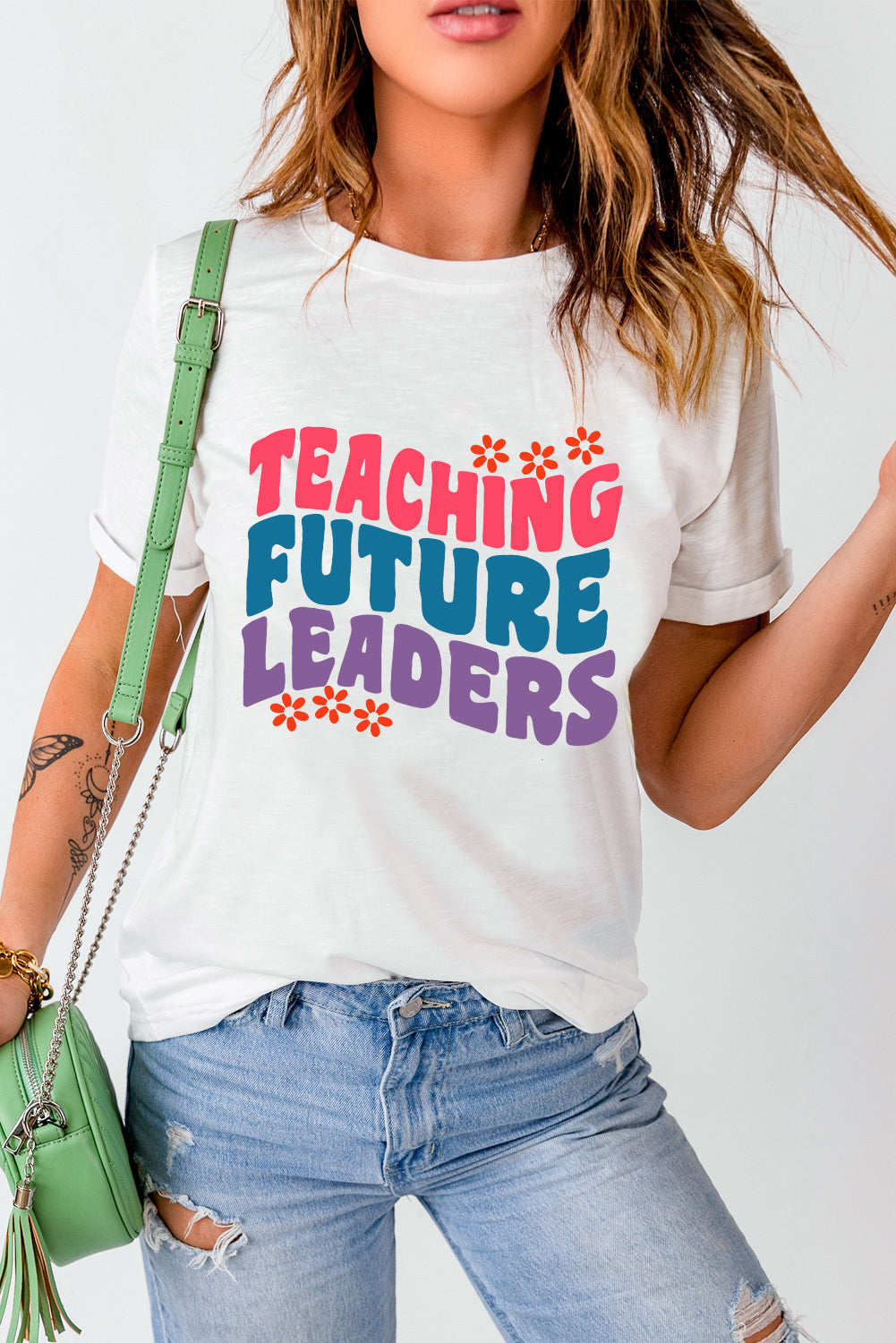 White TEACHING FUTURE LEADERS Floral Graphic Crewneck T Shirt