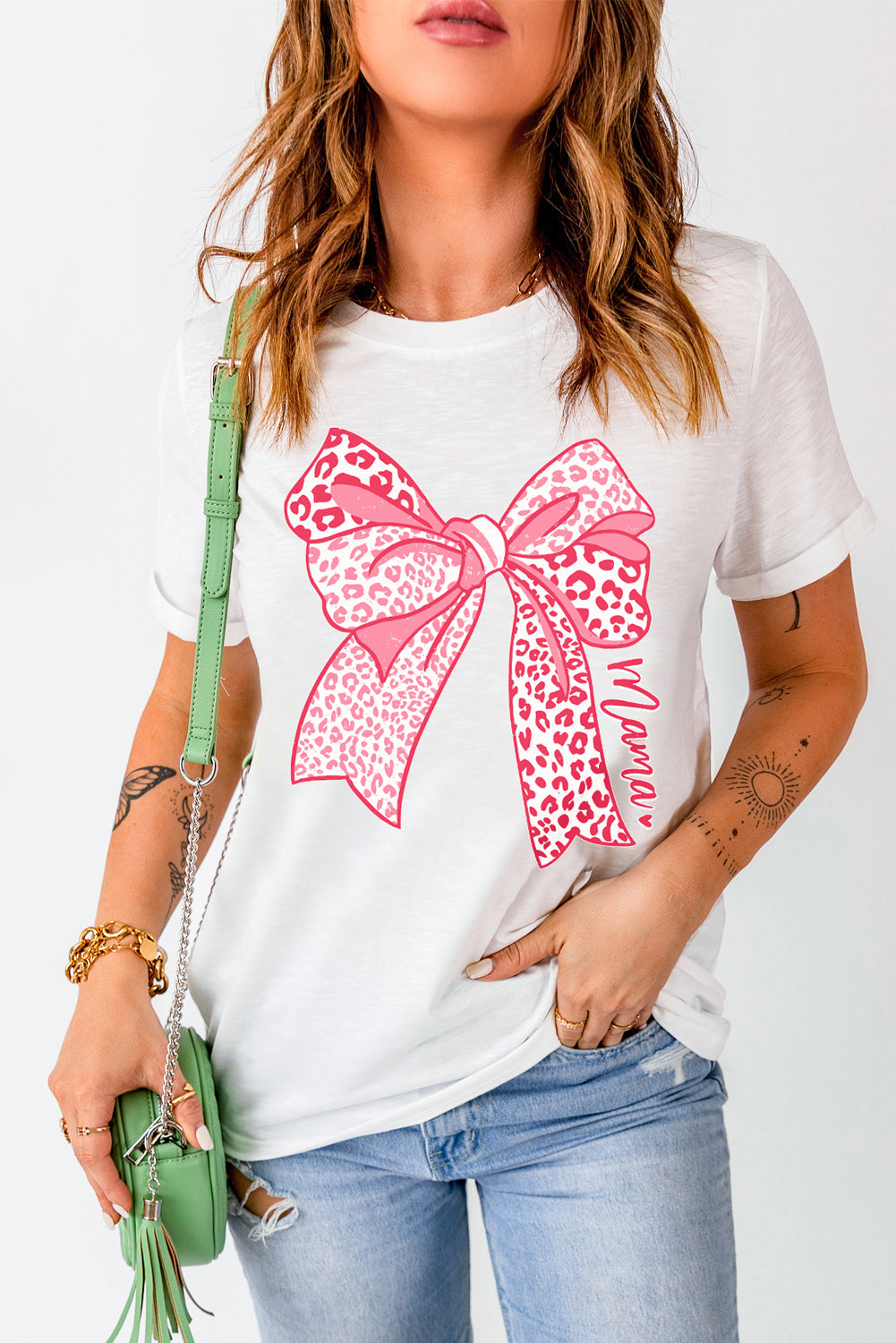 White Leopard Bow Graphic Mothers Day Fashion T Shirt