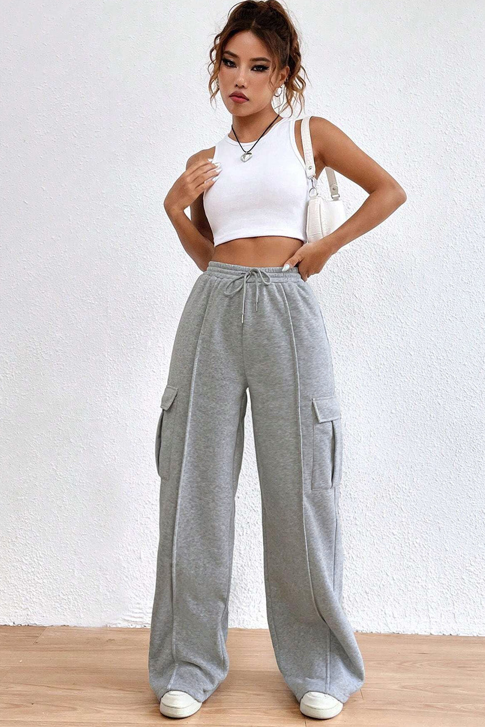 Light Grey Drawstring Waist Cargo Sweatpants