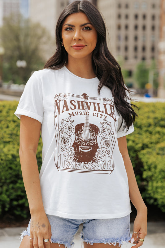 White NASHVILLE MUSIC CITY Graphic Crew Neck Tee