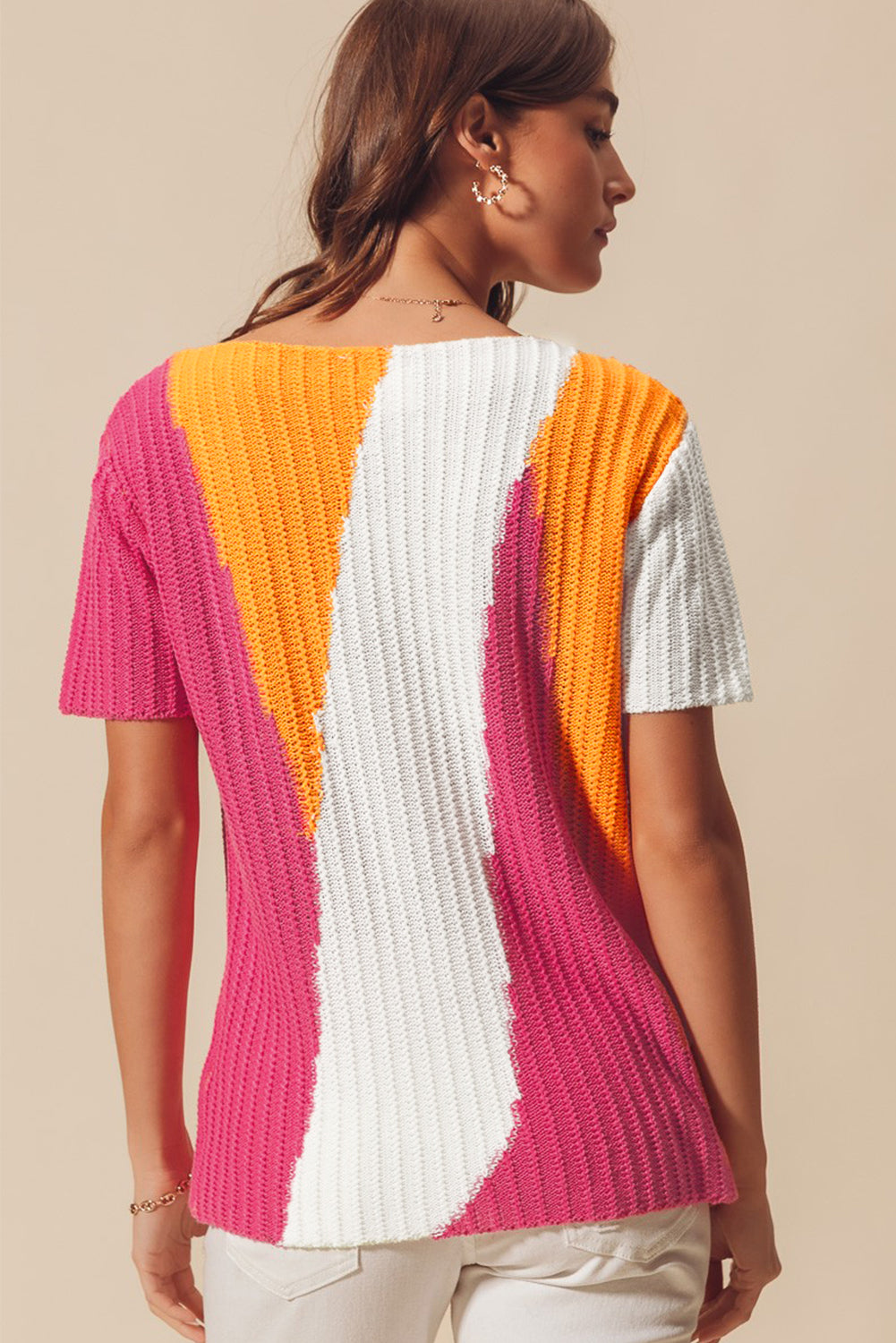 Orange Knit Colorblock Short Sleeve Sweater