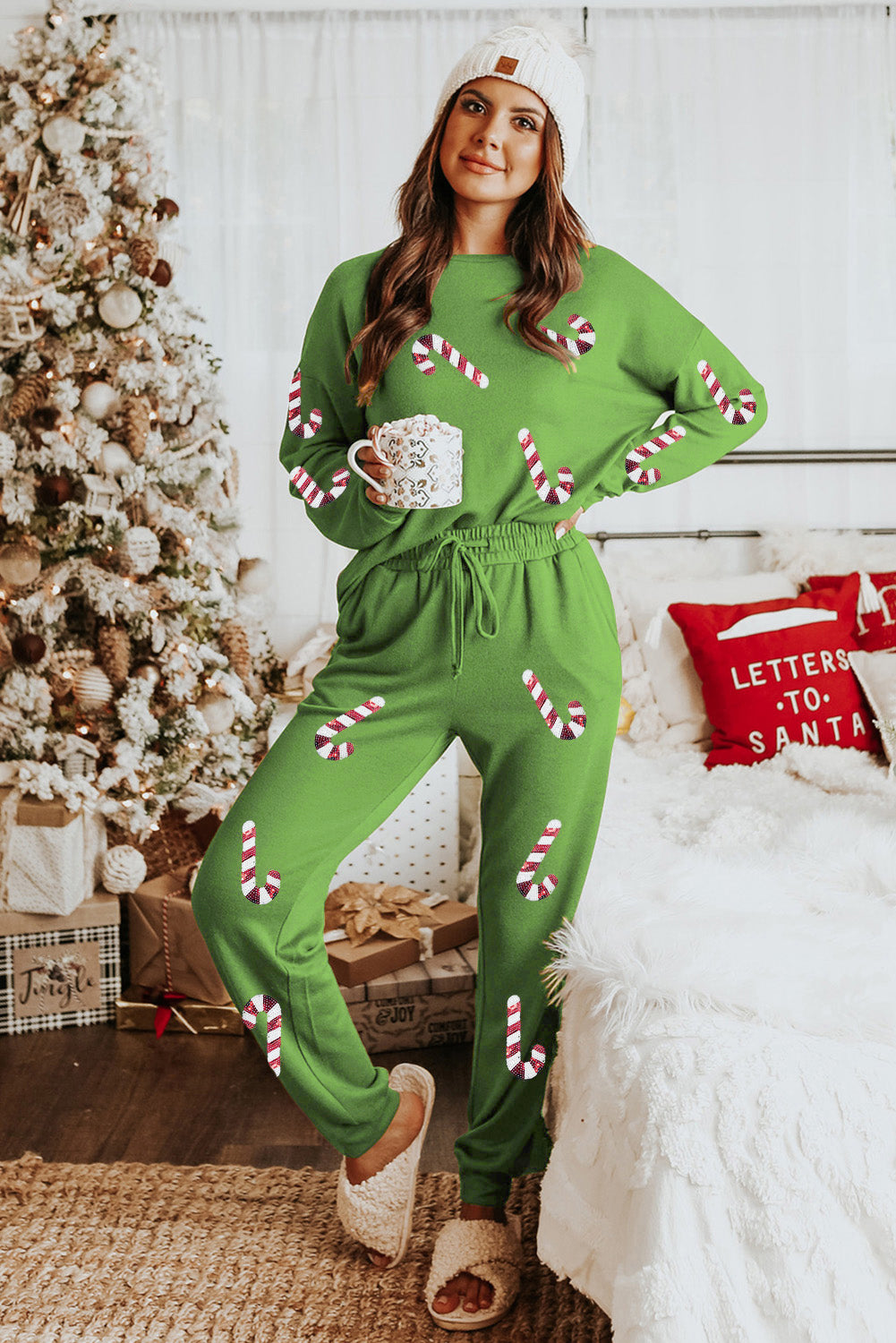 Spinach Green Sequined Christmas Cane Pattern Lounge Sweatsuit