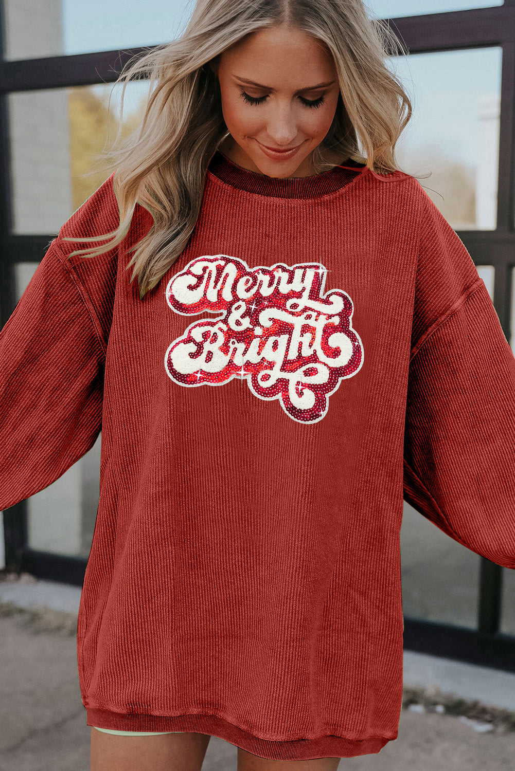 Racing Red Merry & Bright Sequin Ribbed Crew Neck Sweatshirt