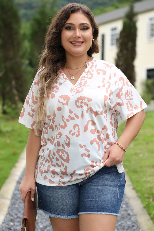 White Plus Size Leopard Print V Neck Short Sleeve Top