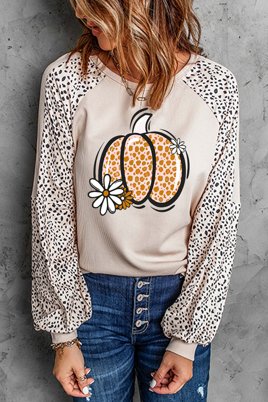 Khaki Leopard Floral Pumpkin Graphic Raglan Sleeve Sweatshirt