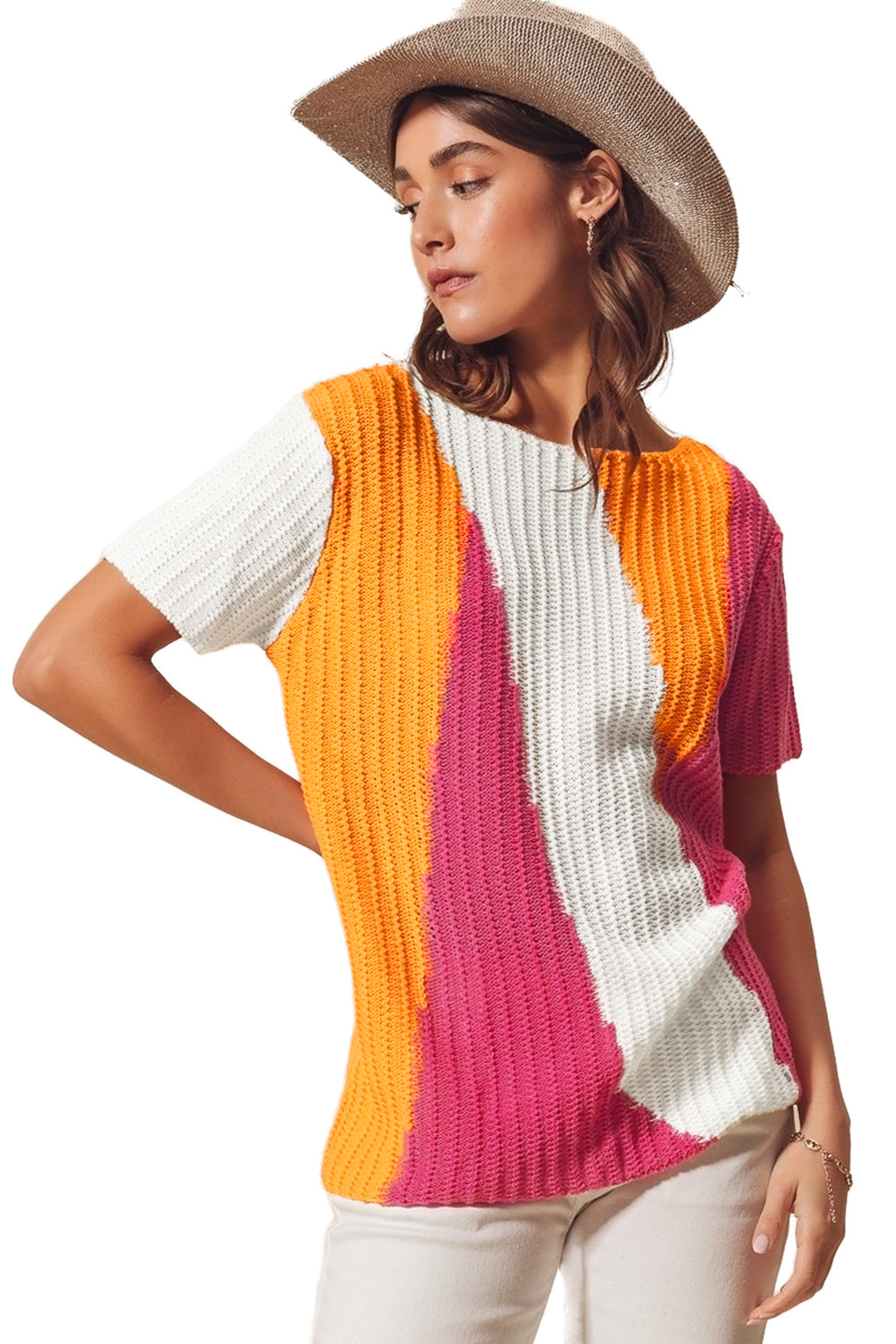 Orange Knit Colorblock Short Sleeve Sweater