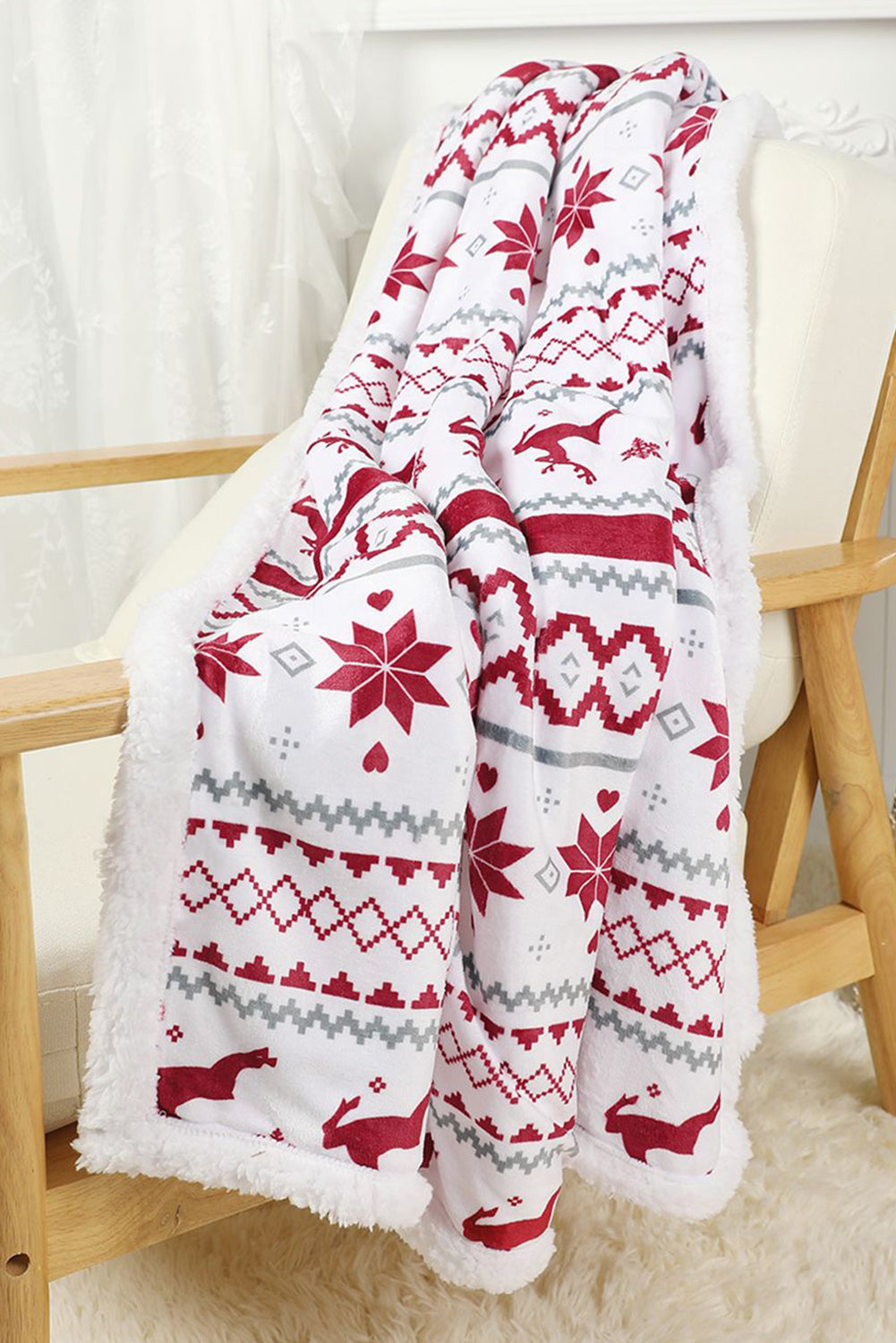 White Christmas Reindeer Snowflake Printed Sherpa Blanket