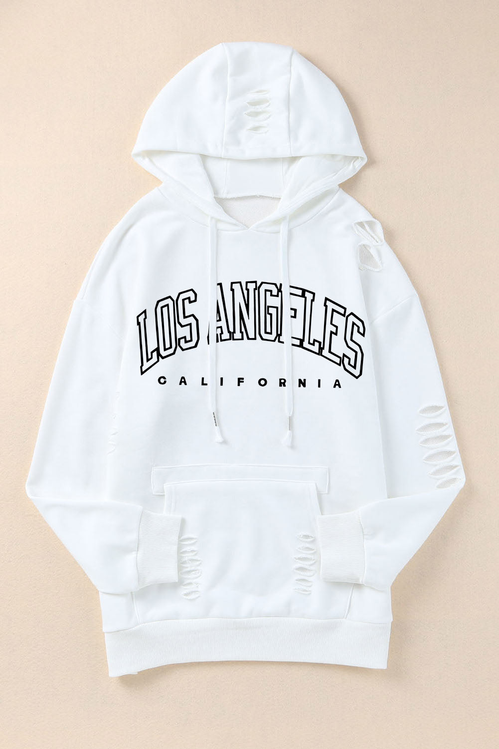 White LOS ANGELES CALIFORNIA Graphic Distressed Sleeve Hoodie