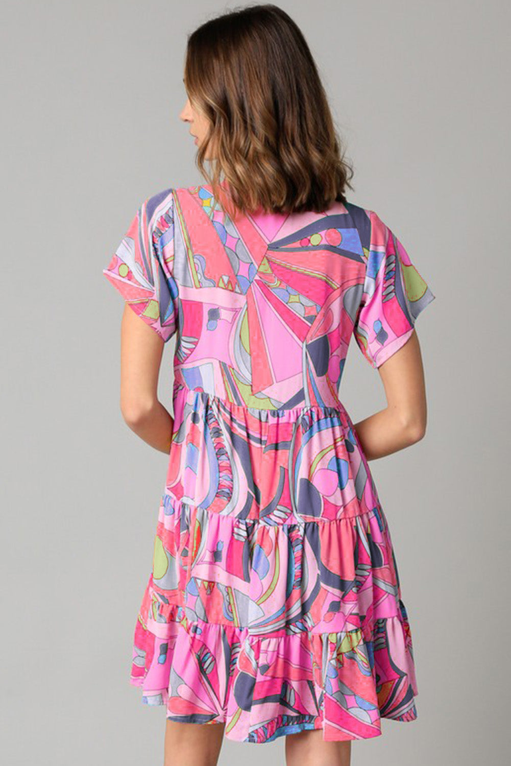 Multicolor Abstract Geometric Print Tassel Tie Flared Dress