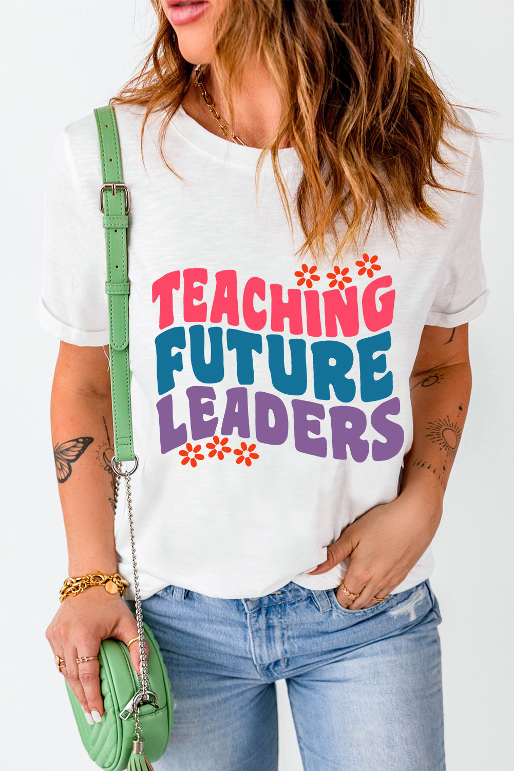 White TEACHING FUTURE LEADERS Floral Graphic Crewneck T Shirt