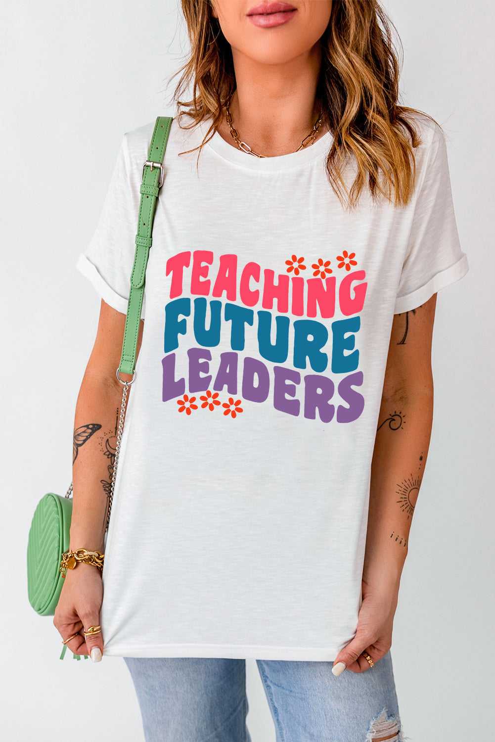 White TEACHING FUTURE LEADERS Floral Graphic Crewneck T Shirt